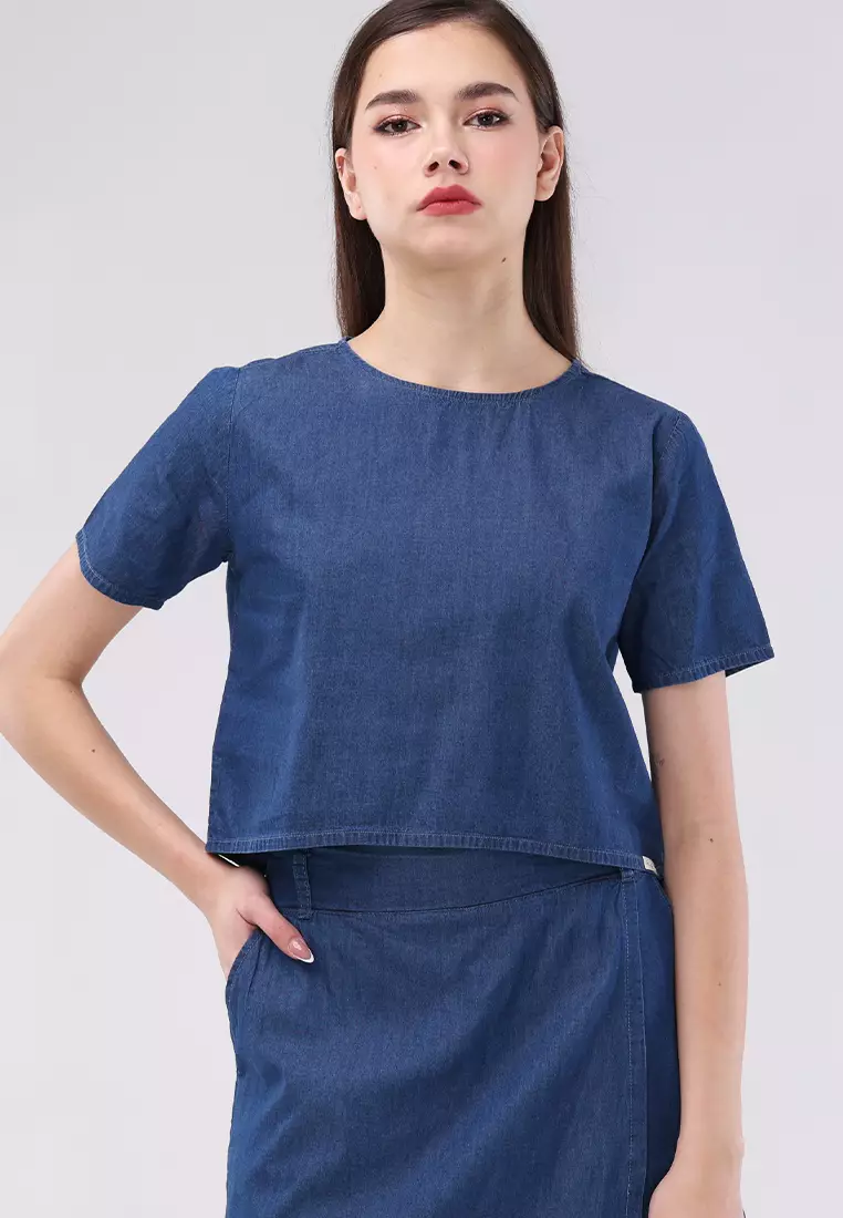 Chambray Short Sleeves Blouse/Skort Terno