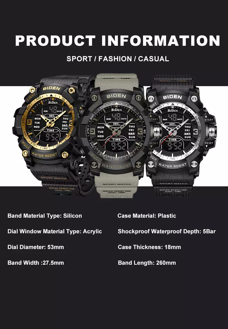 BIDEN Jam Tangan Pria Militer Tali Silikon Analog&Digital Display Jam Tangan Cowok KhakiBlack