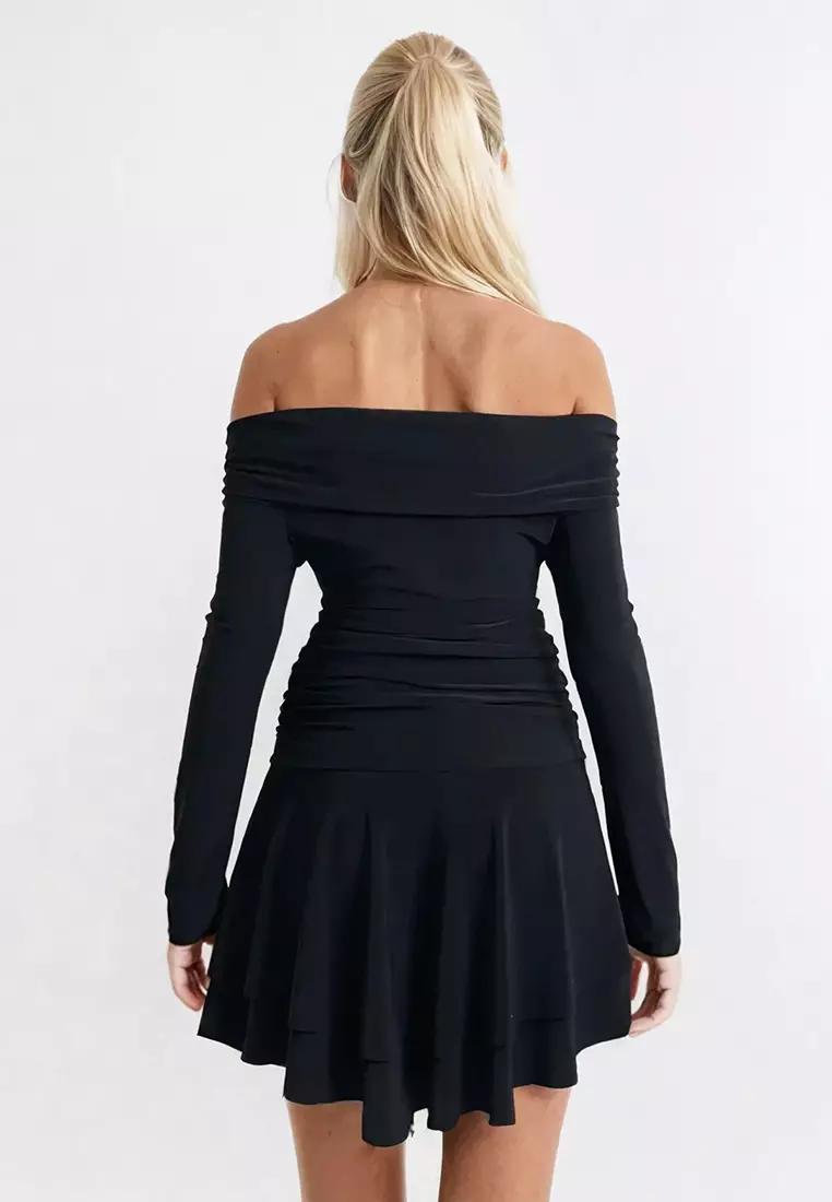Women's Black Madonna Neckline Skirt Flounce Sandy Dress Alc-X13328