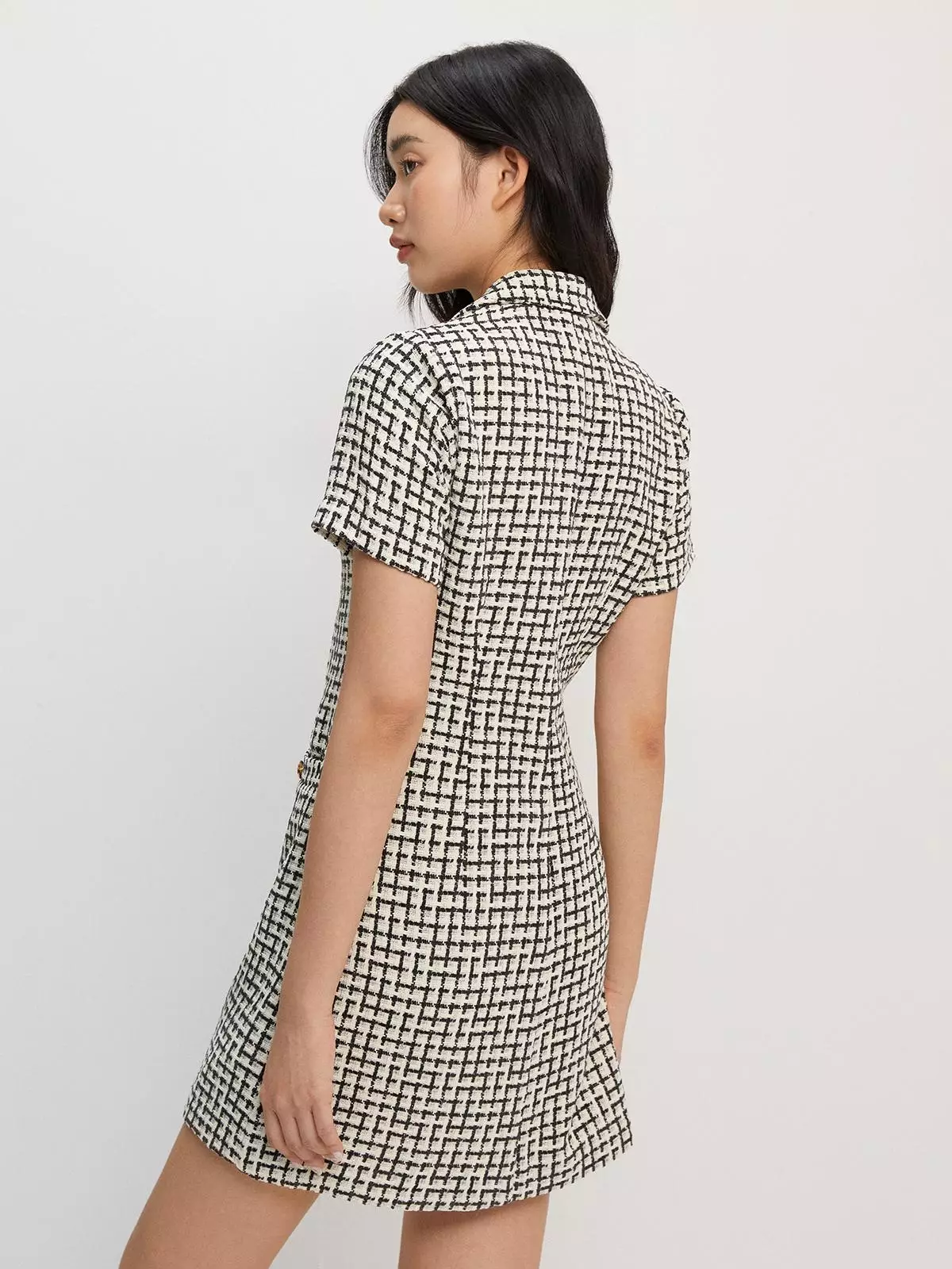 Tweed Short Sleeve Button Mini Dress - White
