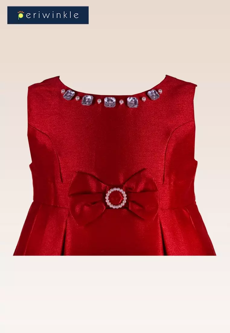 Thess Red Girls Party Dress with Bejeweled Details and Matching Pouch