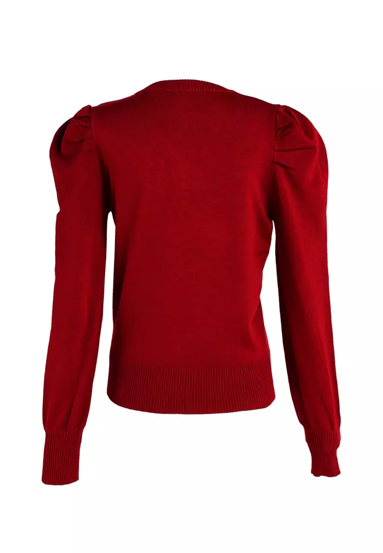 酒紅色泡泡袖毛衣