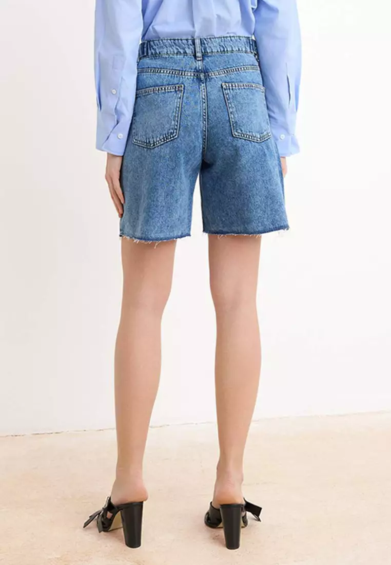 Blue Adjustable Waist High Waist Denim Bermuda Twoss26Sr144