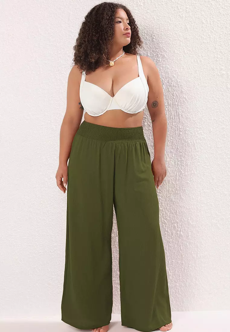 Khaki Wide Leg High Waist Beach Wear Plus Size Pants Tbbss25Ar00000