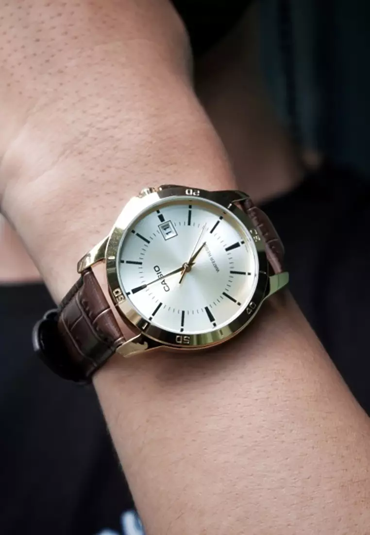 Men Analog Watch MTP-V004GL-9A Brown Leather Strap