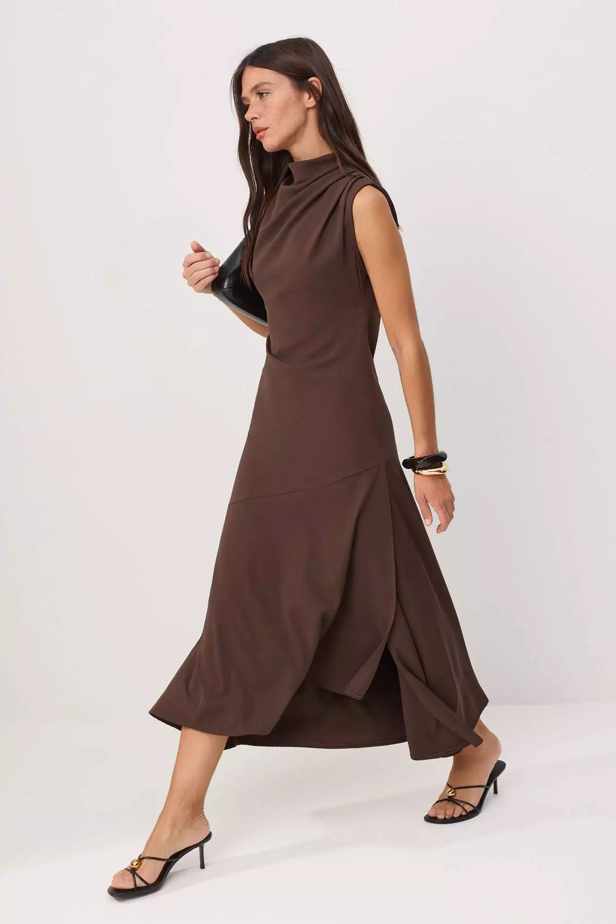 Brown Slit Draped Collar Dress Twoss26El96