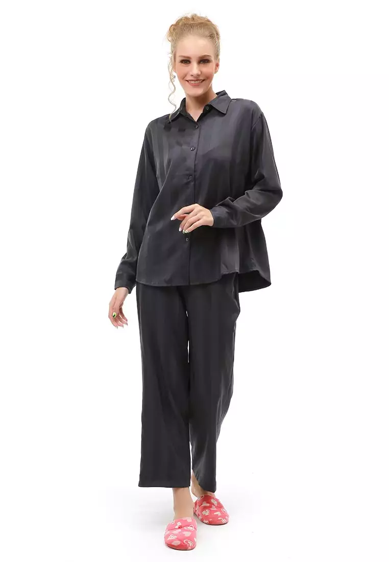 Vance Pajamas Salur Setelan Baju Tidur Wanita Lengan Panjang Material Cotton Silky ORIGINAL - Gray