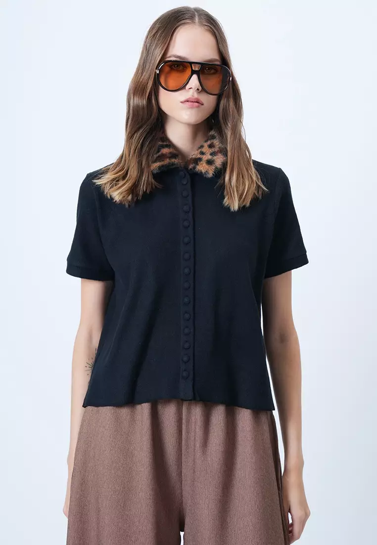 Leopard Detachable Fur Detailed Knitted Blouse