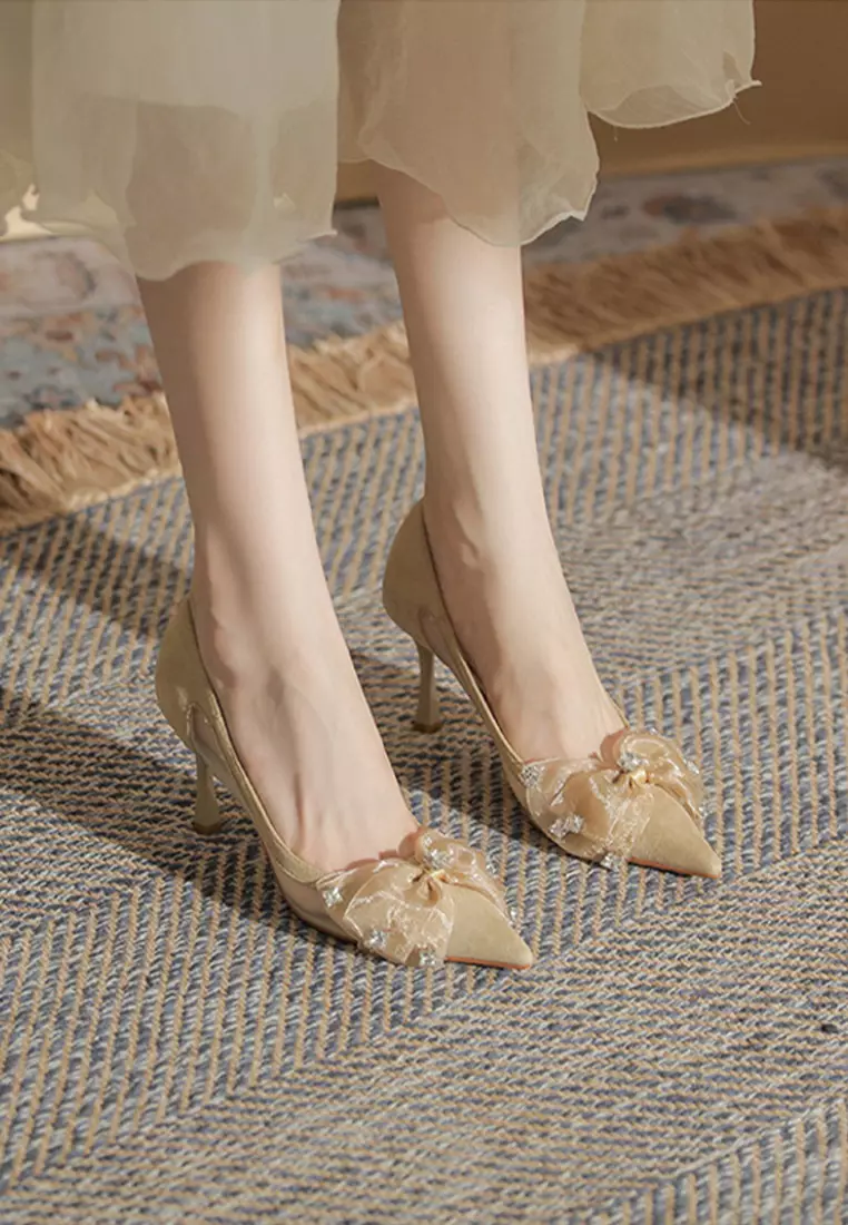 8CM Suede Bow Mesh High Heels IF20328