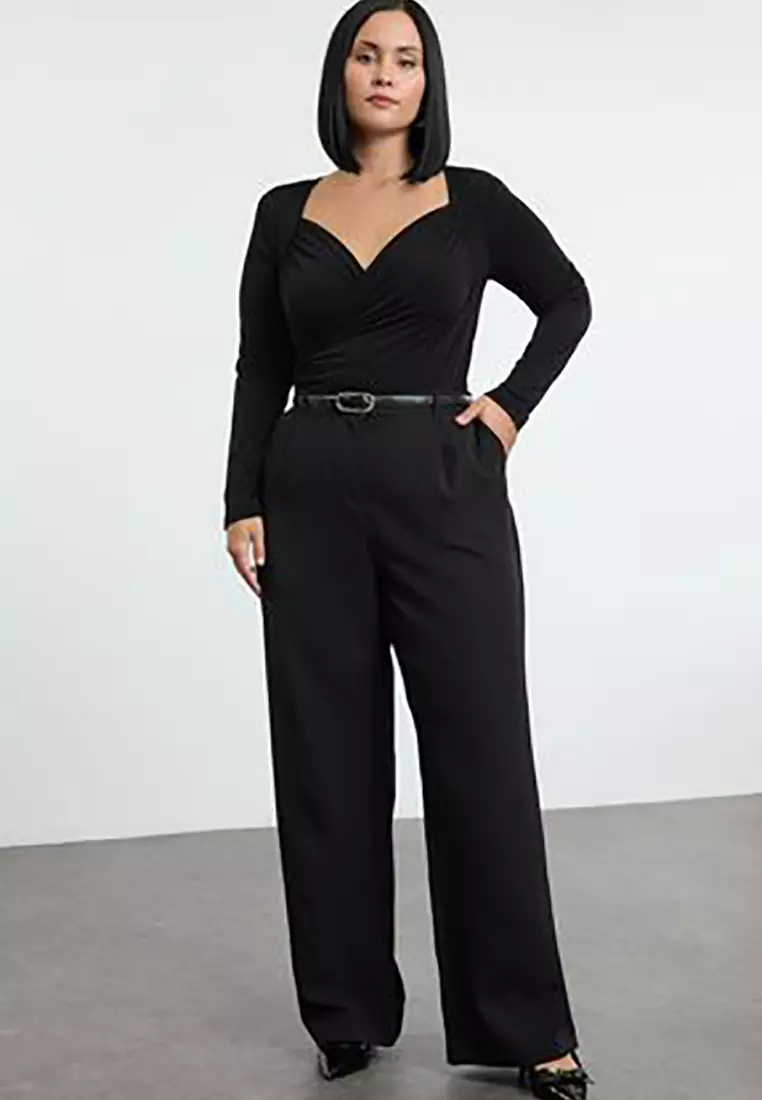 Black Double Breasted Bodycone Plus Size Bodysuit TBBAW25CS00008