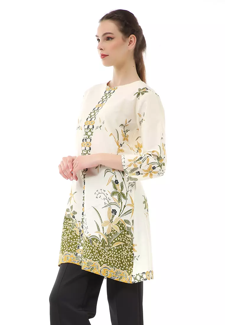 Olaf Atasan Batik Wanita Tunik Traditional Motive Simple Design Material Cotton ORIGINAL - White Green