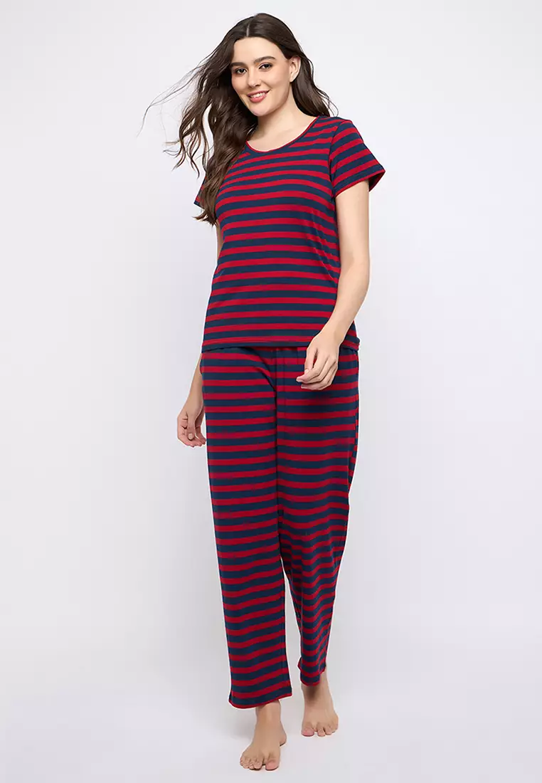 Clovia Striped T-shirt & Pyjama Set in Maroon & Navy Blue - 100% Cotton