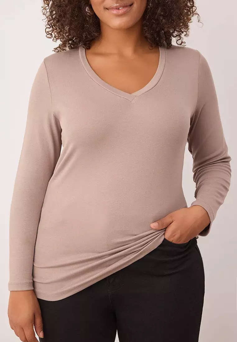 Mink Premium Soft Fabric V-Neck Fitted/Fits Body Flexible Knit Plus Size Blouse