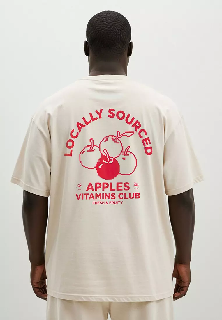Ecru Plus Size Oversize/Wide Cut Fruit Printed 100% Cotton T-Shirt TMNSS25BF00040