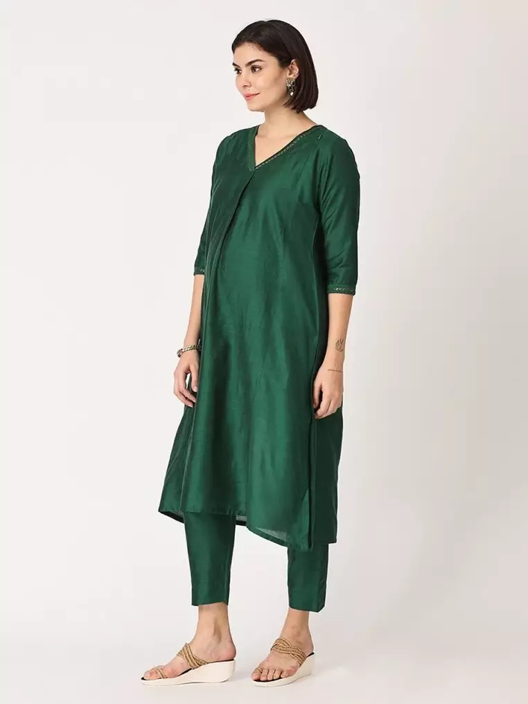 Maternity Silk Kurta Set with Nursing - Green