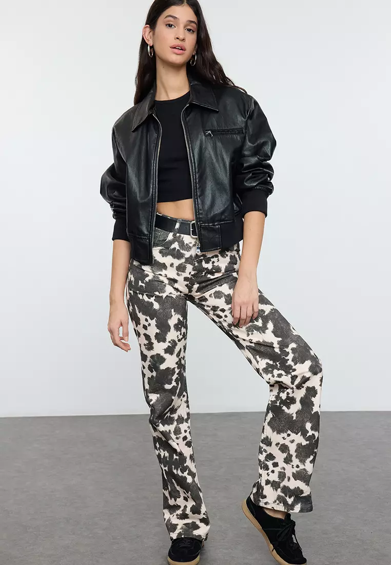 Brown Cow Print Low Waist Wide Leg Jeans