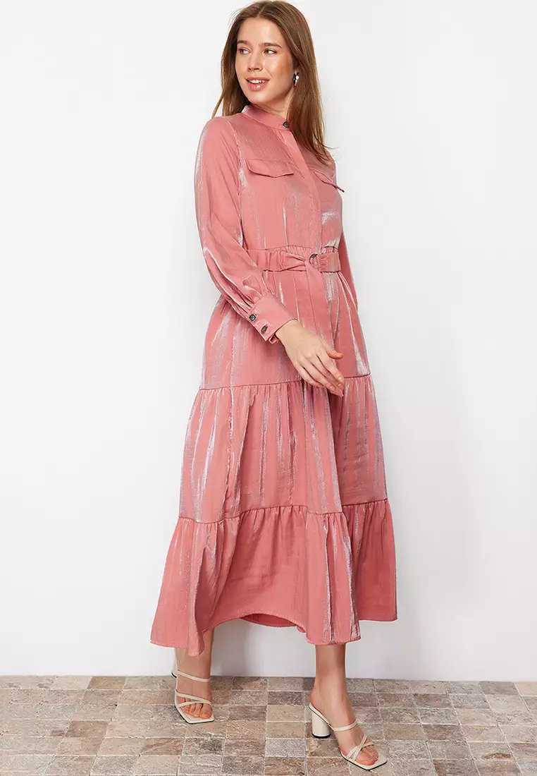 Pale Pink Shiny Satin Belt Detailed Skirt Frilly Woven Dress TCTSS24EB00169