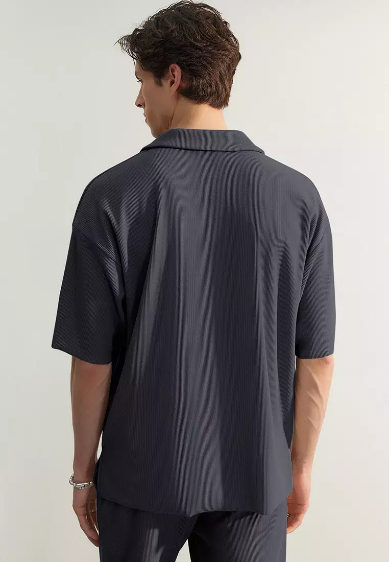 Limited Edition Smoke Oversize/Wide Textured Wrinkle-Free Ottoman Polo Neck T-Shirt TMNSS23PO00020