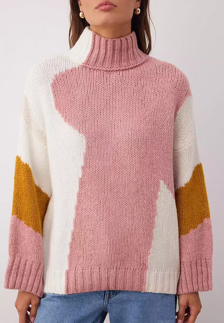 Soft Texture Color Block Wide Pattern Knitwear Sweater