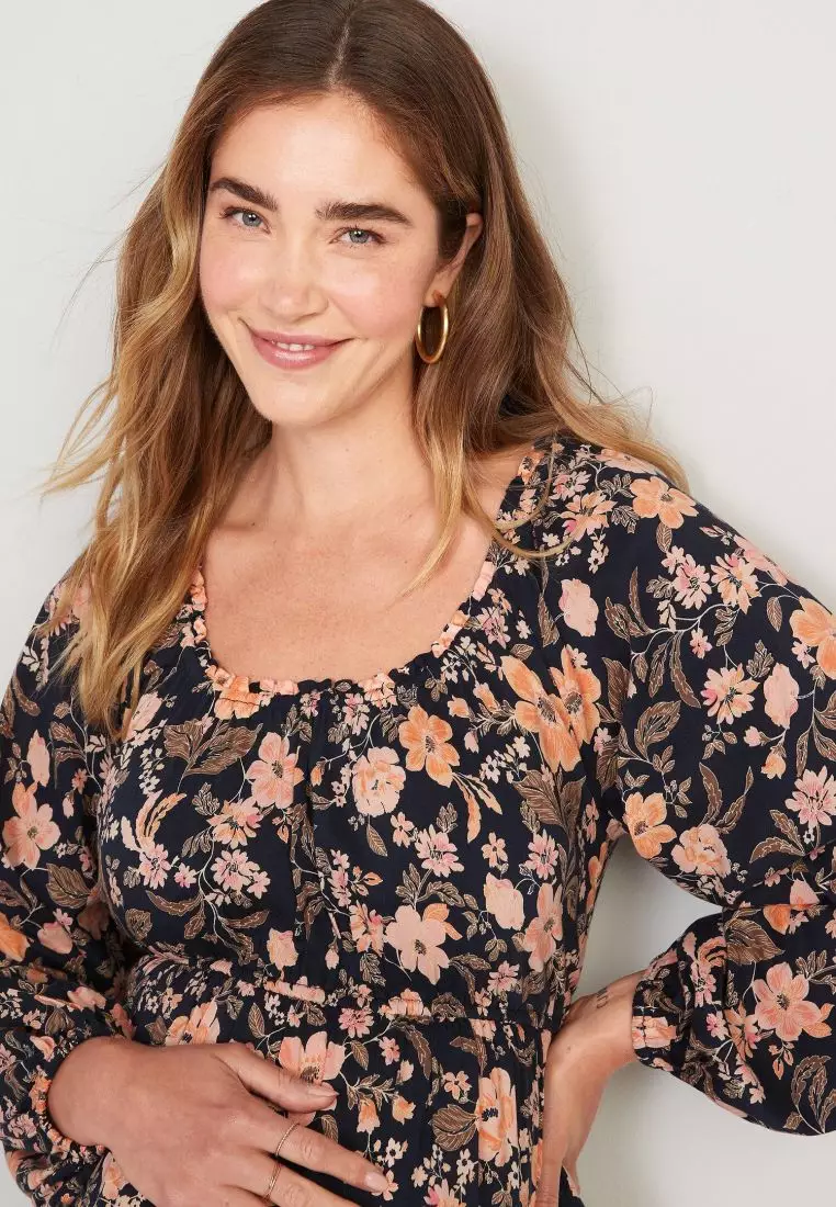 Maternity Waist-Defined Blouson-Sleeve Midi Dress