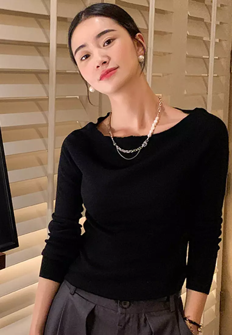 F/W 新款綿羊毛針織修身長袖女士上衣 A22090710BK