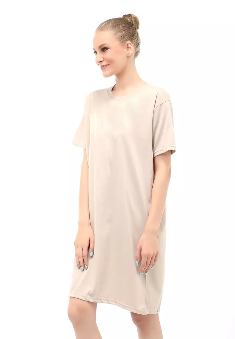 Finch Midi Dress Wanita Short Sleeves Motif Polos - Beige