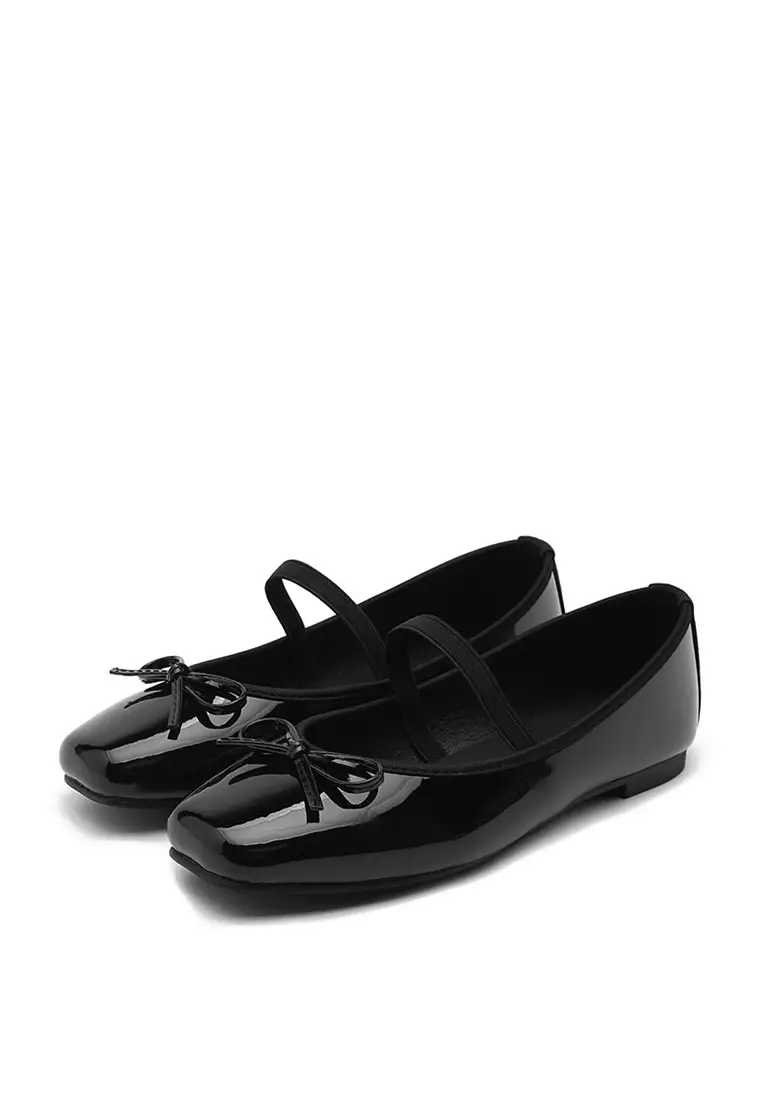 Erino Enamel Ribbon Maryjane Flats (1cm) - Black