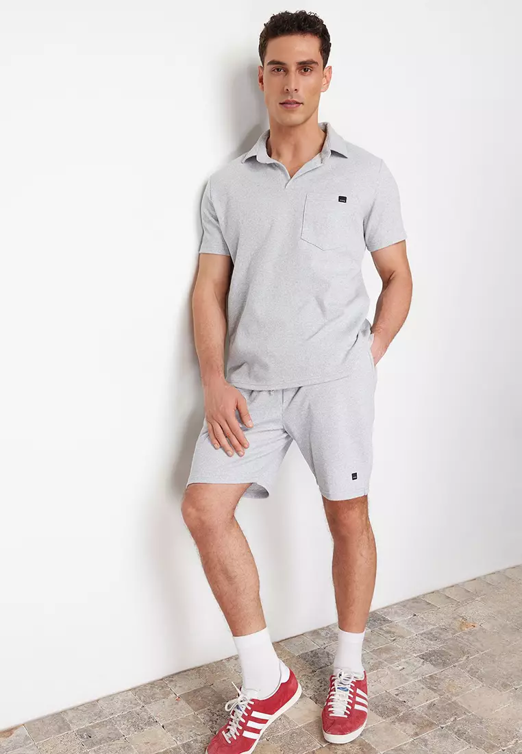 Gray Regular/Normal Cut Textured Fabric Labeled Polo Collar Tracksuit Set TMNSS23EM00003