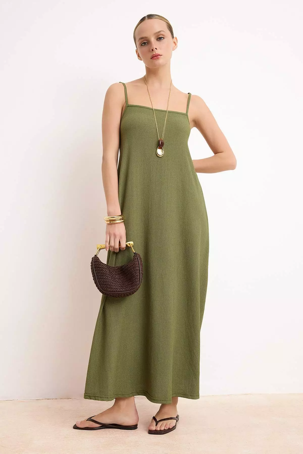 Khaki Adjustable Strap A-Line Wrinkle/Textured Knitted Maxi Dress Twoss24El6