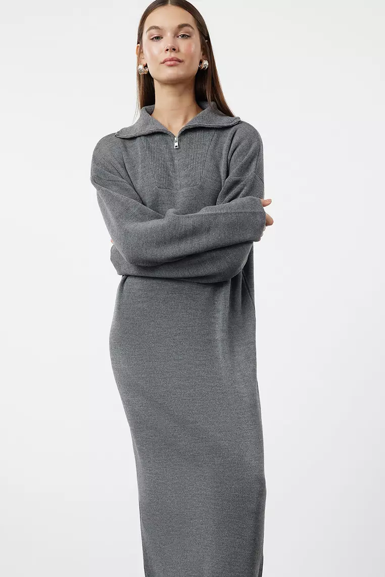 Smoked Comfortable Zippered Collar Basic Knitwear Dress TCTAW25EB00013