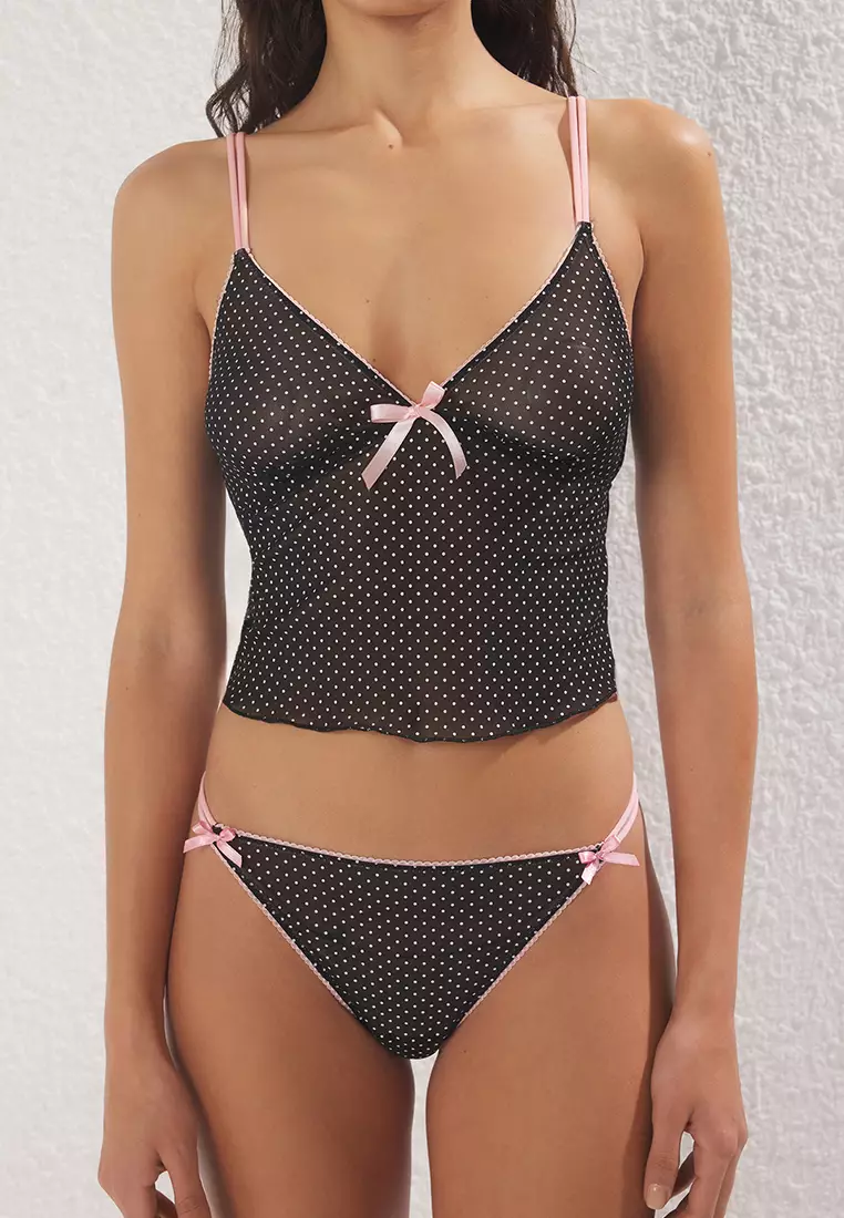 Black Tulle Polka Dot Ribbon/Bow Detail Unlined Knitted Underwear Set THMSS25CC00026