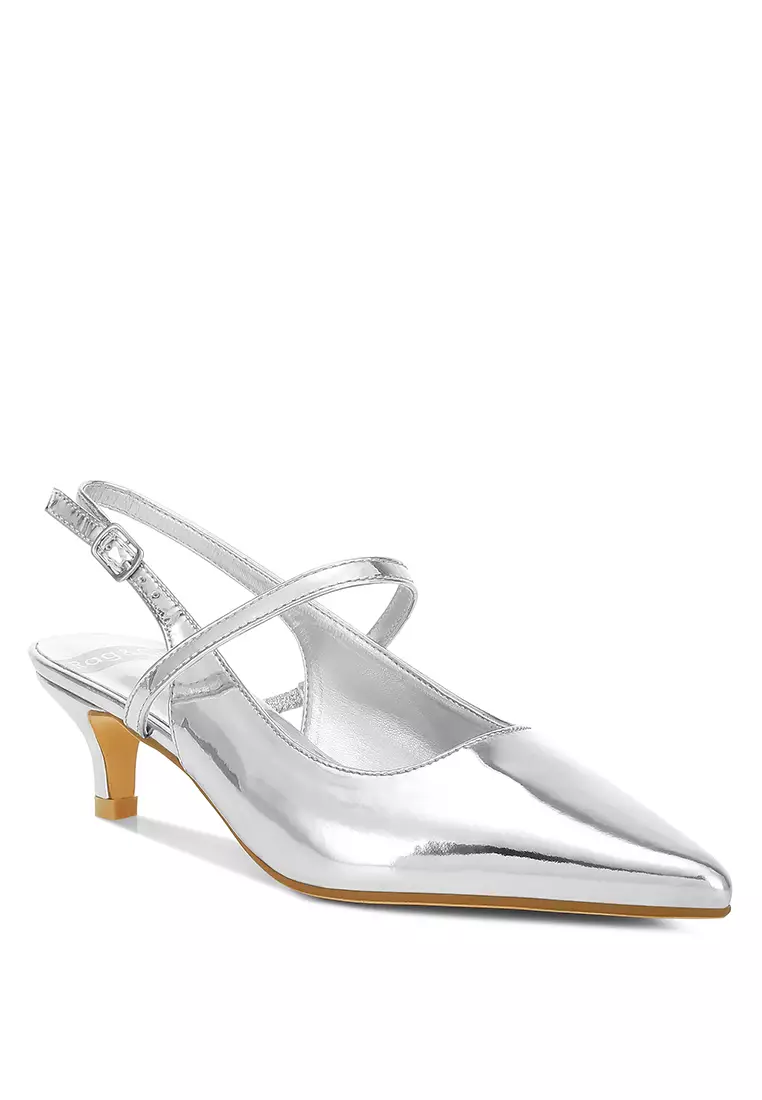 Kitten Heel Slingback Sandals in Silver