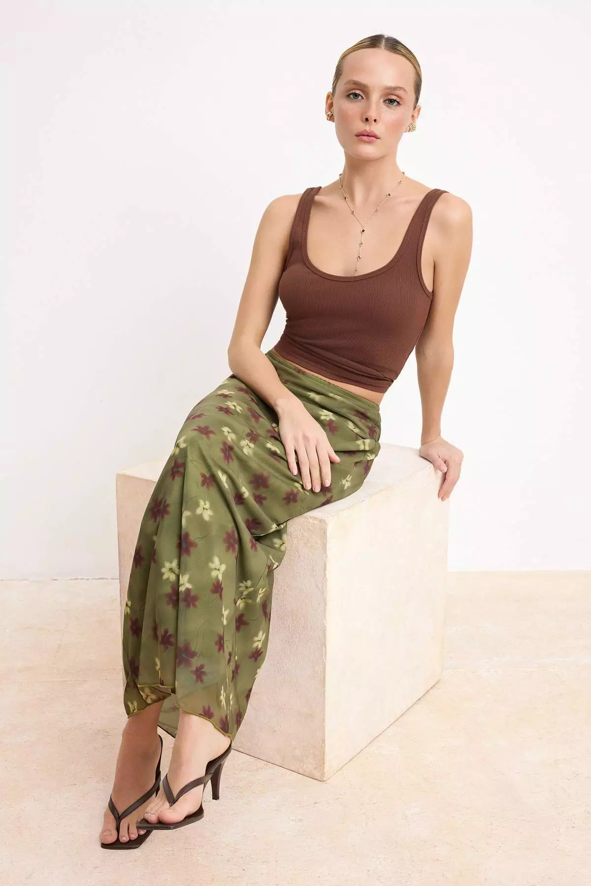 Khaki Abstract Patterned Tulle Lace Detailed Stretchy Skirt Twoss25Et153Skirt Twoss25Et153