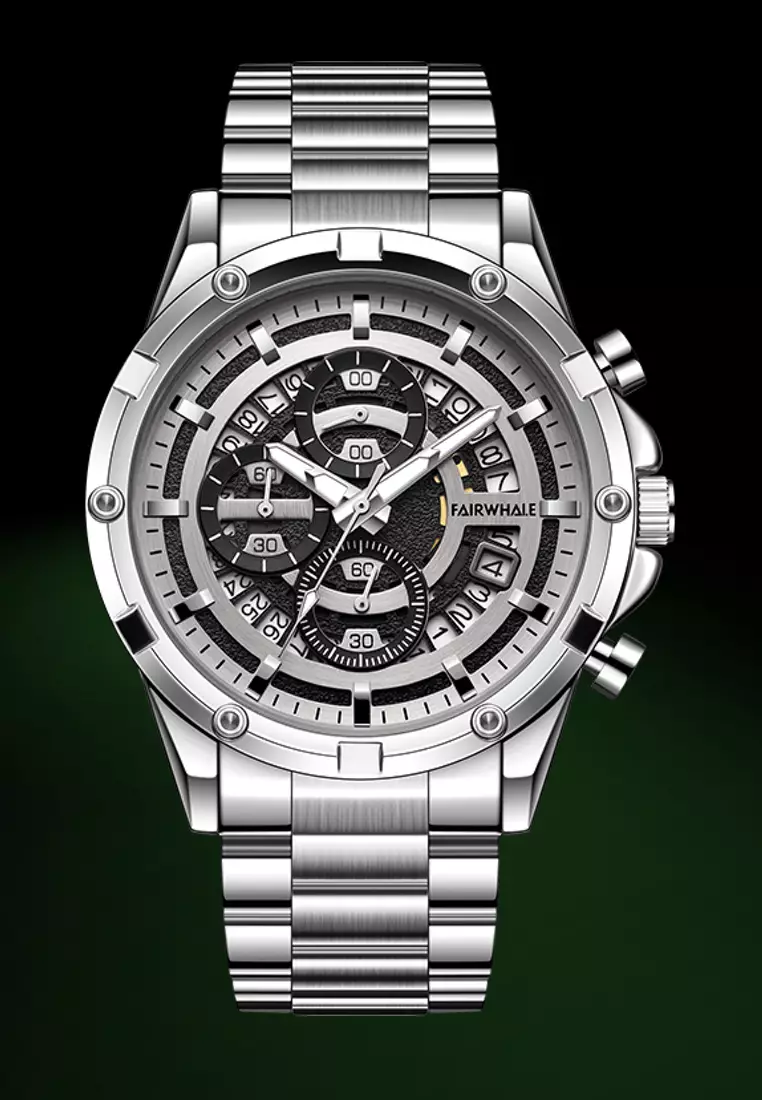 Unisex Stainless Steel Quartz Chronograph Watch, Black Dial, 42mm, Stainless Steel Bracelet