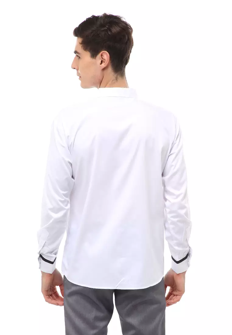 Dwan Atasan Formal Pria Kemeja Koko Simple Motive Long Sleeve Material Cotton ORIGINAL -  White