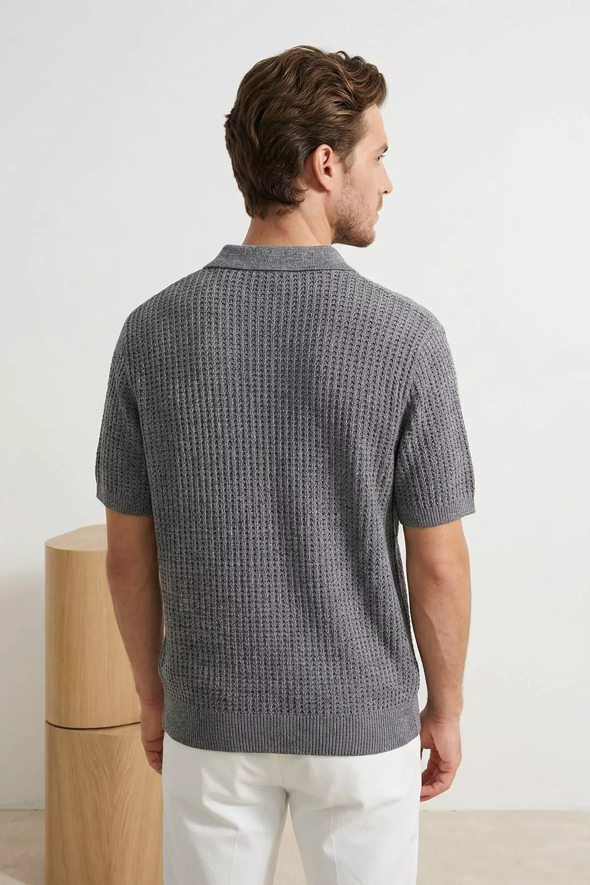 Gray Regular/Normal Cut Buttoned Textured Polo Collar Knitwear T-Shirt Tmnss26Po00027