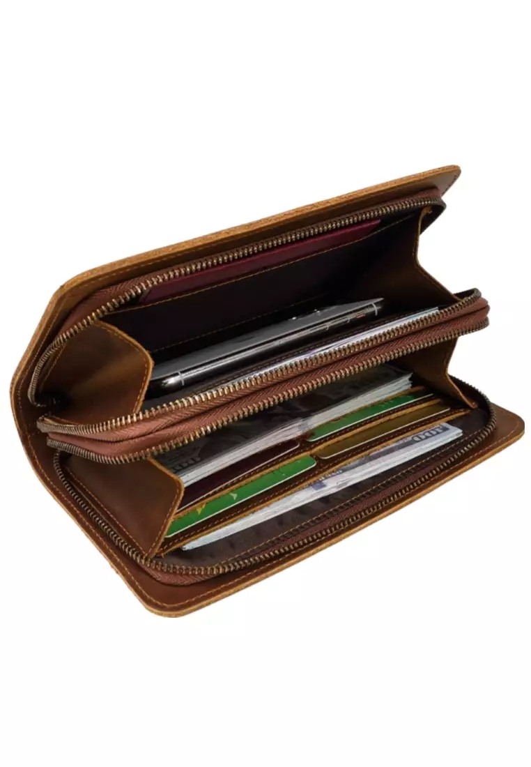 Men's Vintage Genuine Leather Double Zipper Clutch Purse Long Wallet