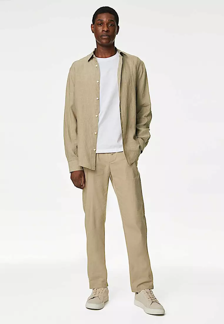 Tapered Fit Linen Blend Trousers