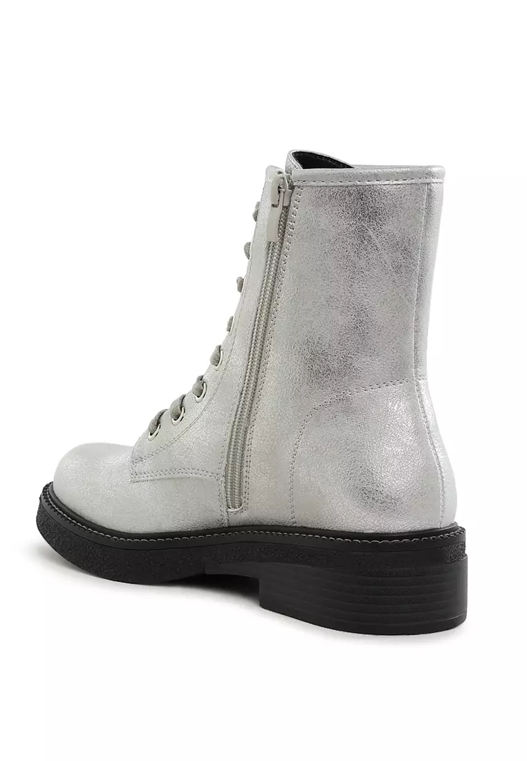 Metallic Texture Lace Up Boots in Silver