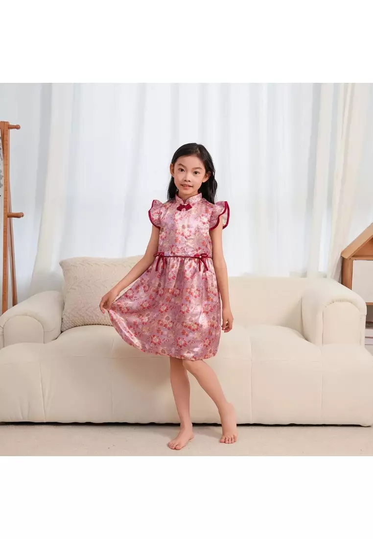 紫色花朵嬰兒女童旗袍連衣裙0849