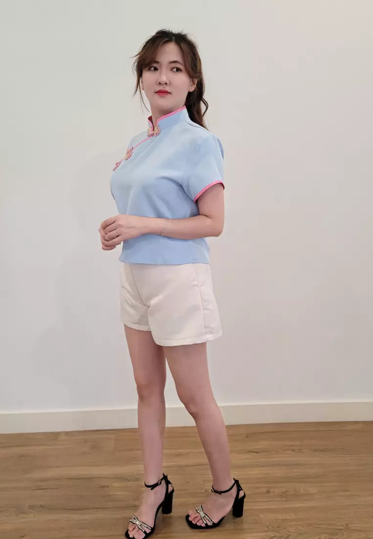 Ivory Cheongsam Top in Baby Blue