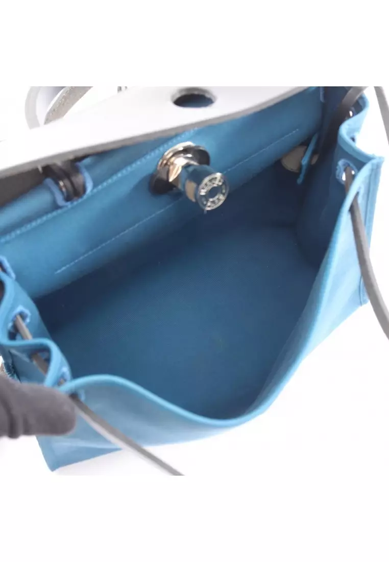 Pre-Loved Hermès herBag Zip PM Handbag Toile Officier vache hunter blue black silver hardware 2WAY A stamp