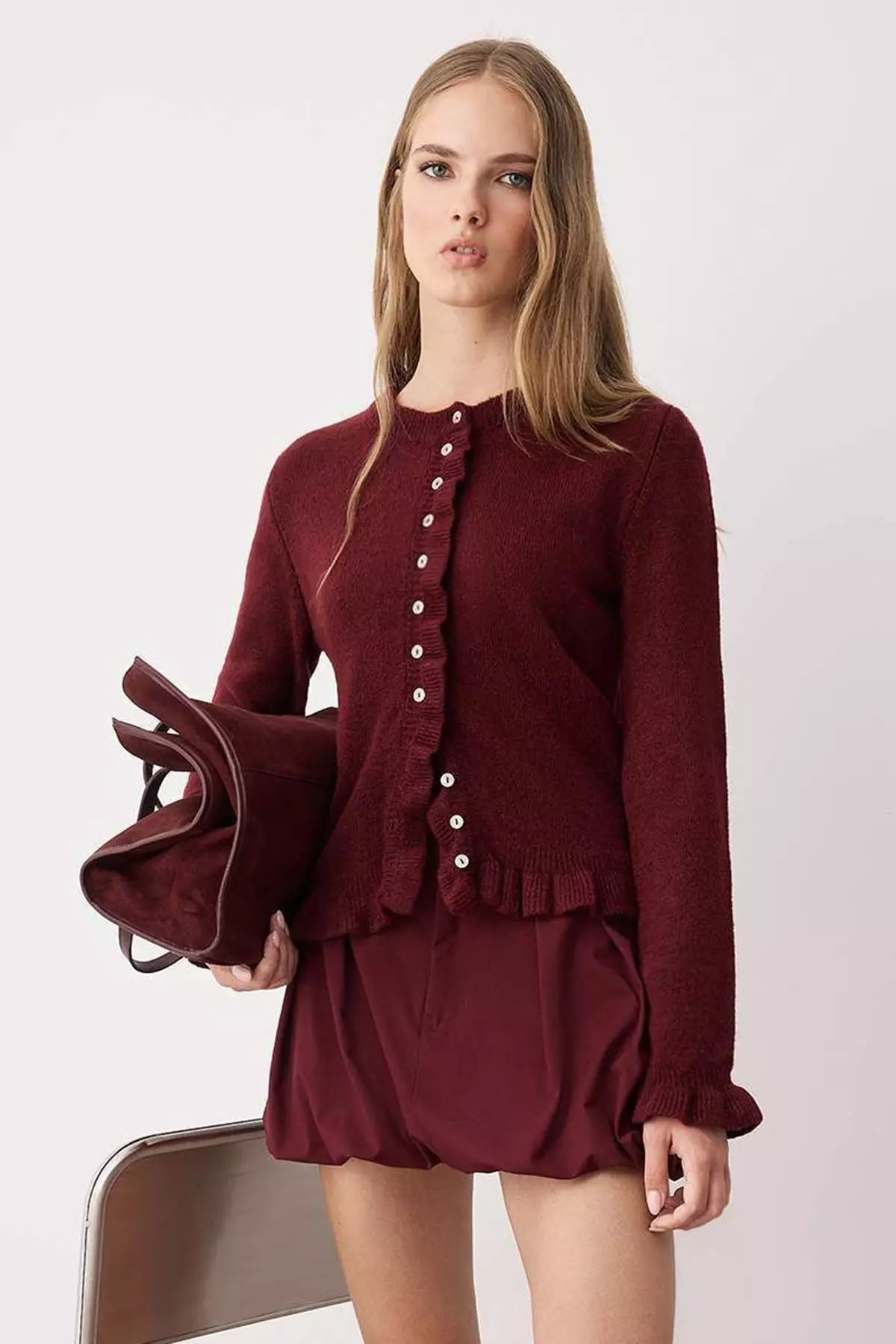Burgundy Button Detailed Soft Textured Knitwear Cardigan