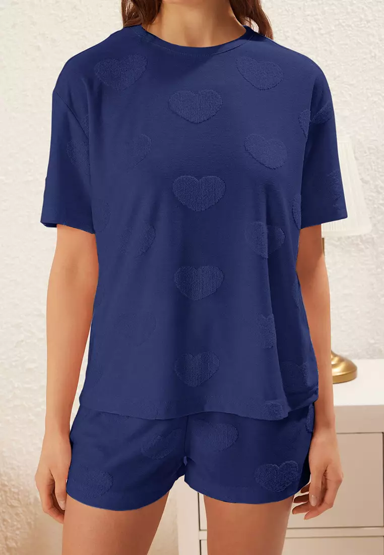 Navy Blue Cotton Heart Shorts Knitted Pajama Set THMSS25PT00285