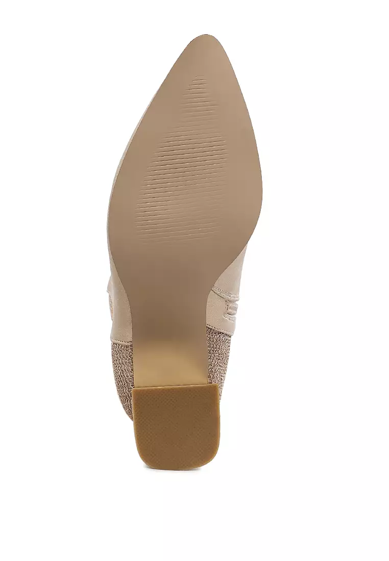 Mesh Detail Pointy Ankle Boots in Gold