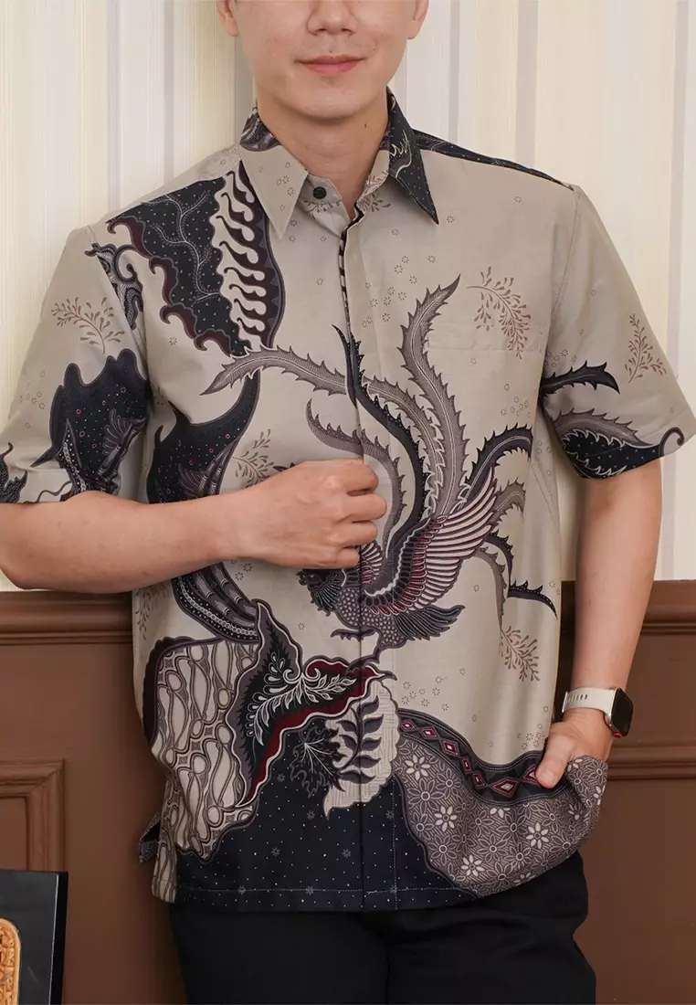 Enzy Batik Essential Kemeja Batik Pria Lengan Pendek Adinata - Grey