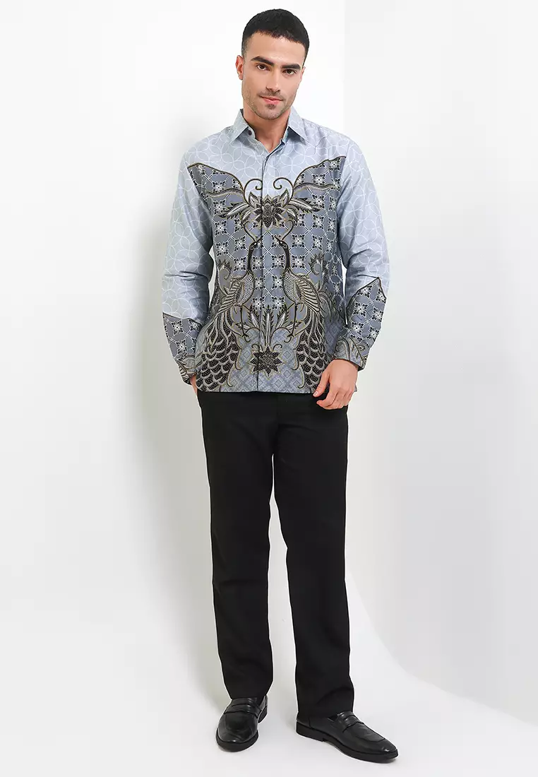 Kemeja Lengan Panjang Pria Reguler Fit Full Furing Rianty Aswangga Grey Katun Satin