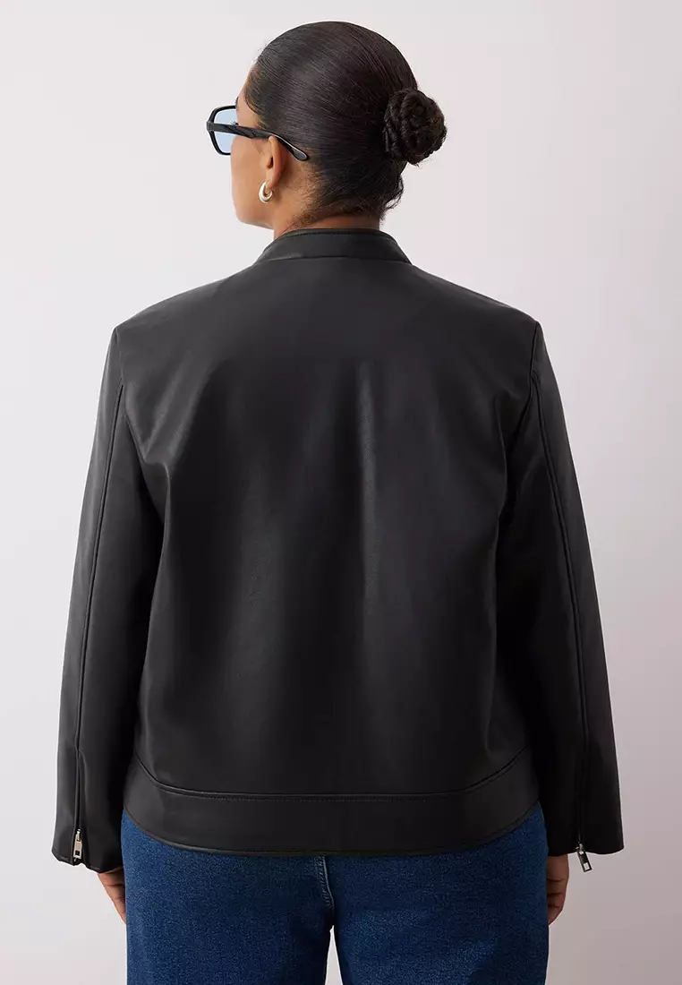 Black Fitted Mold Faux Leather Biker Plus Size Thin Jacket Coat