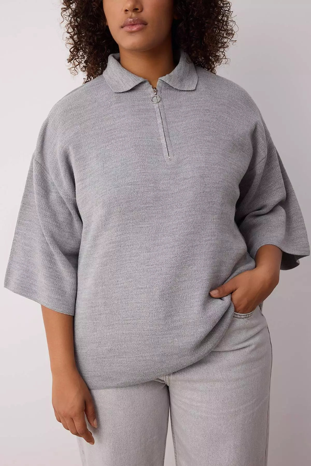 Gray Polo Collar Zipper Detailed Knitwear Sweater Tbbaw23An00056