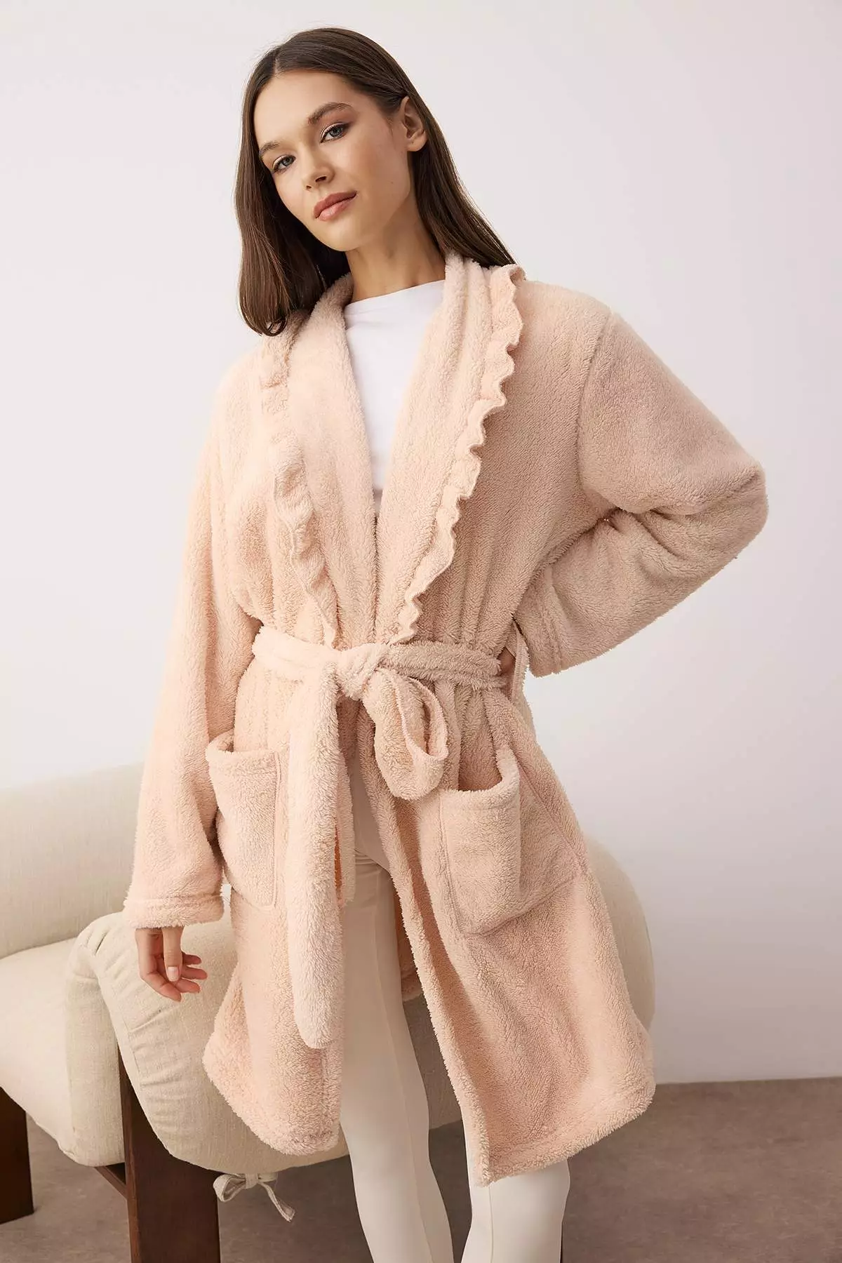Pink Ruffle Pocket Wellsoft Winter Knitted Dressing Gown
